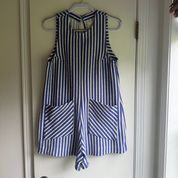 Umgee Pants - Umgee Blue White Striped Textured Knit Sleeveless Romper Womens Small